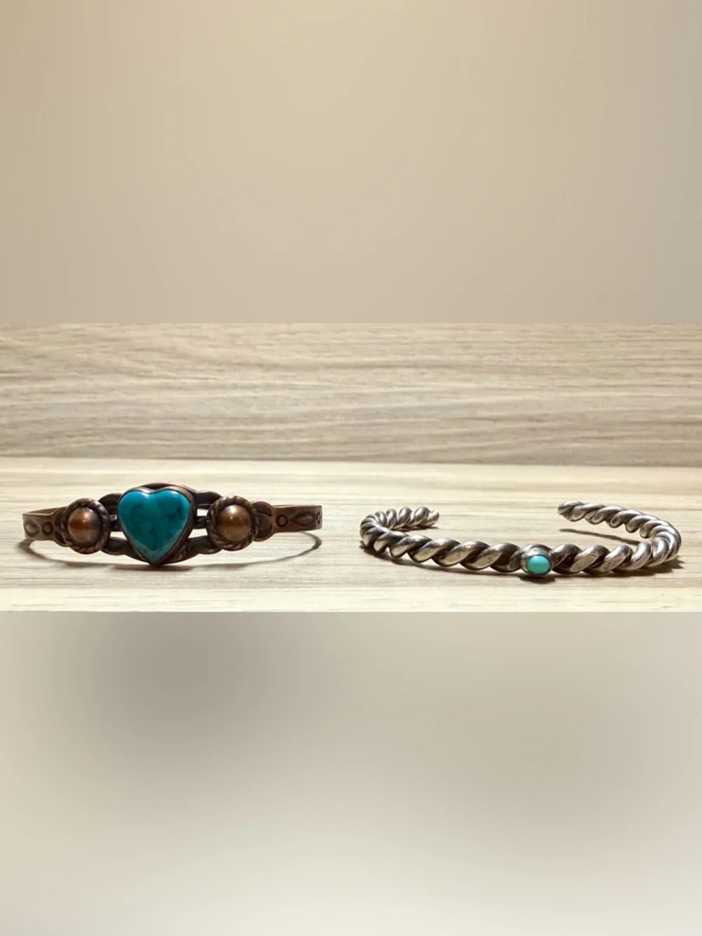2 Native American Small Turquoise Silver & Copper Cuff Bracelets, Child Size